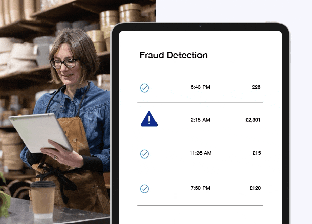 Animated graphic showing a stylised face with scanning lines and digital overlays, representing fraud detection and secure payment technology.