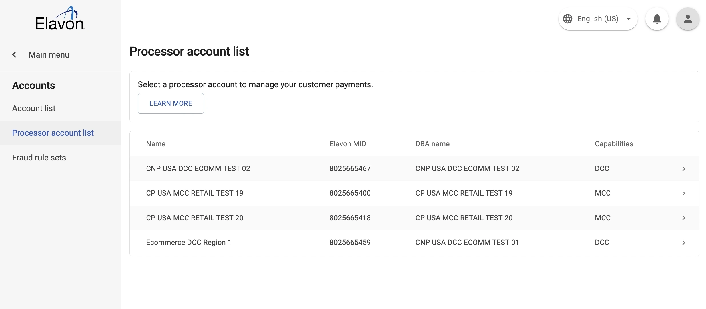 Processor account list