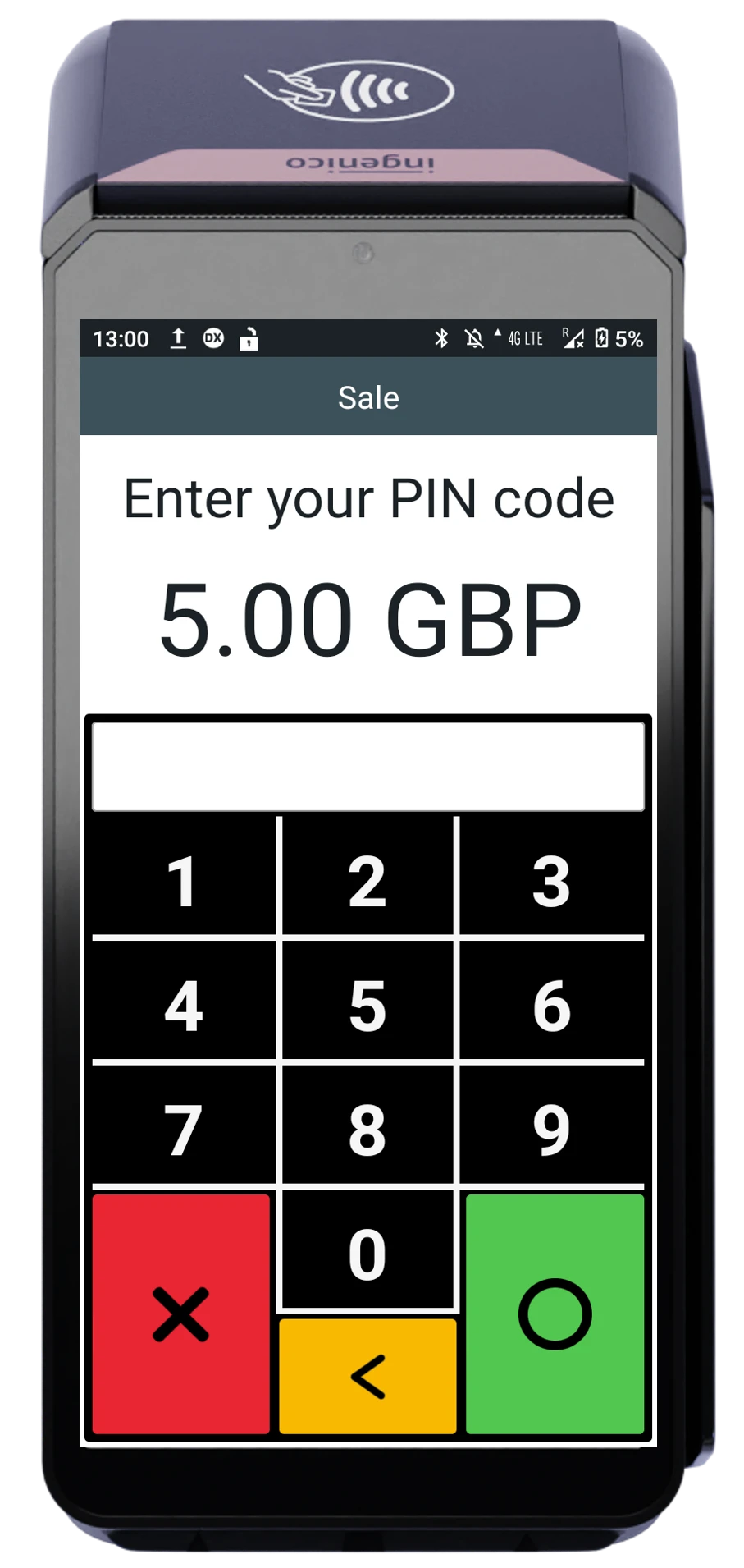 Ingenico terminal requesting PIN input for £5.00 sale with numeric and function buttons visible.