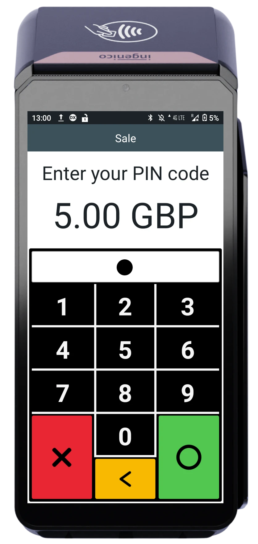 Payment terminal screen displaying £5.00 transaction with numeric keypad for PIN entry.