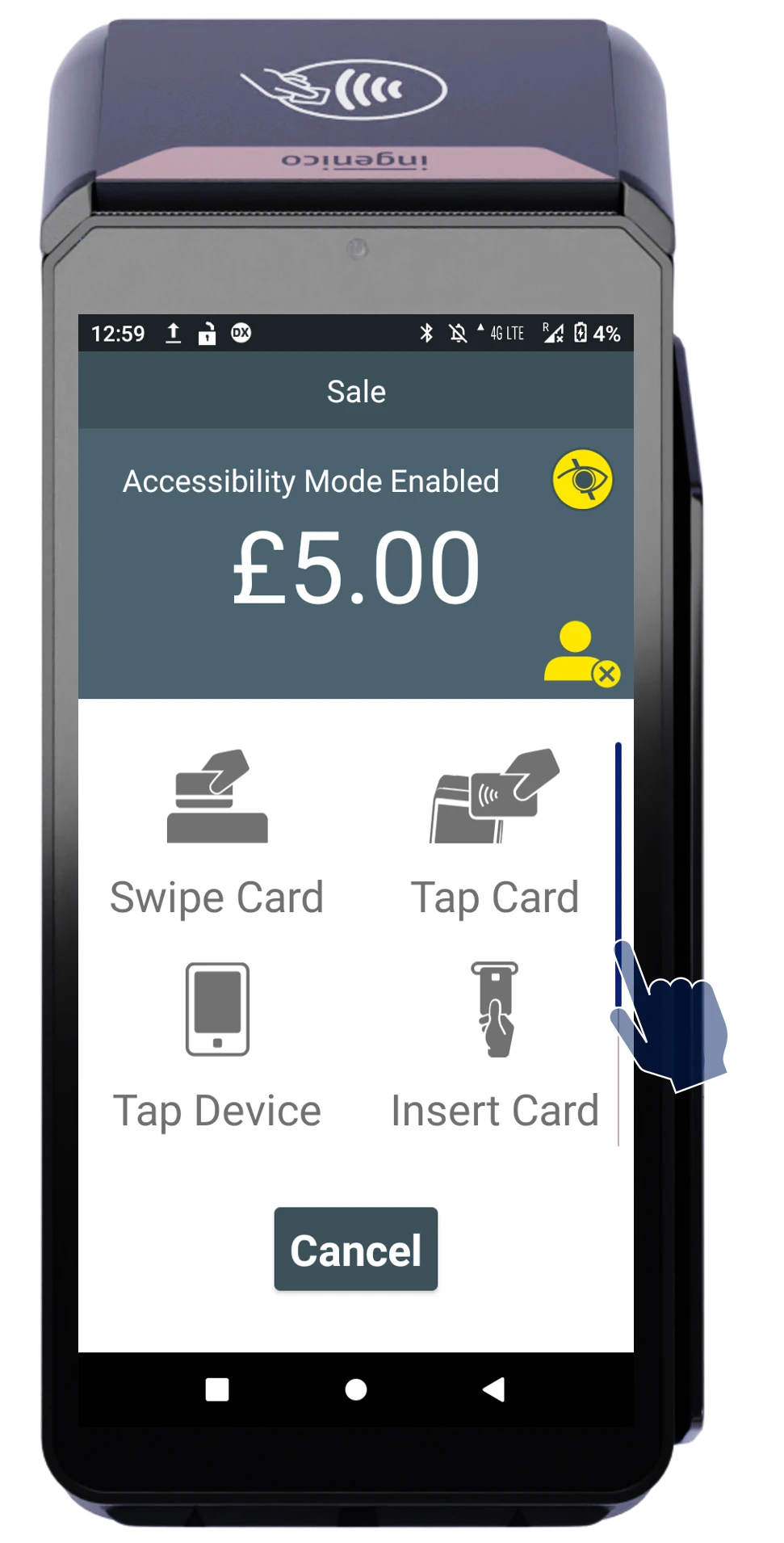 Payment terminal screen showing £5.00 sale with accessibility mode and multiple card payment options.