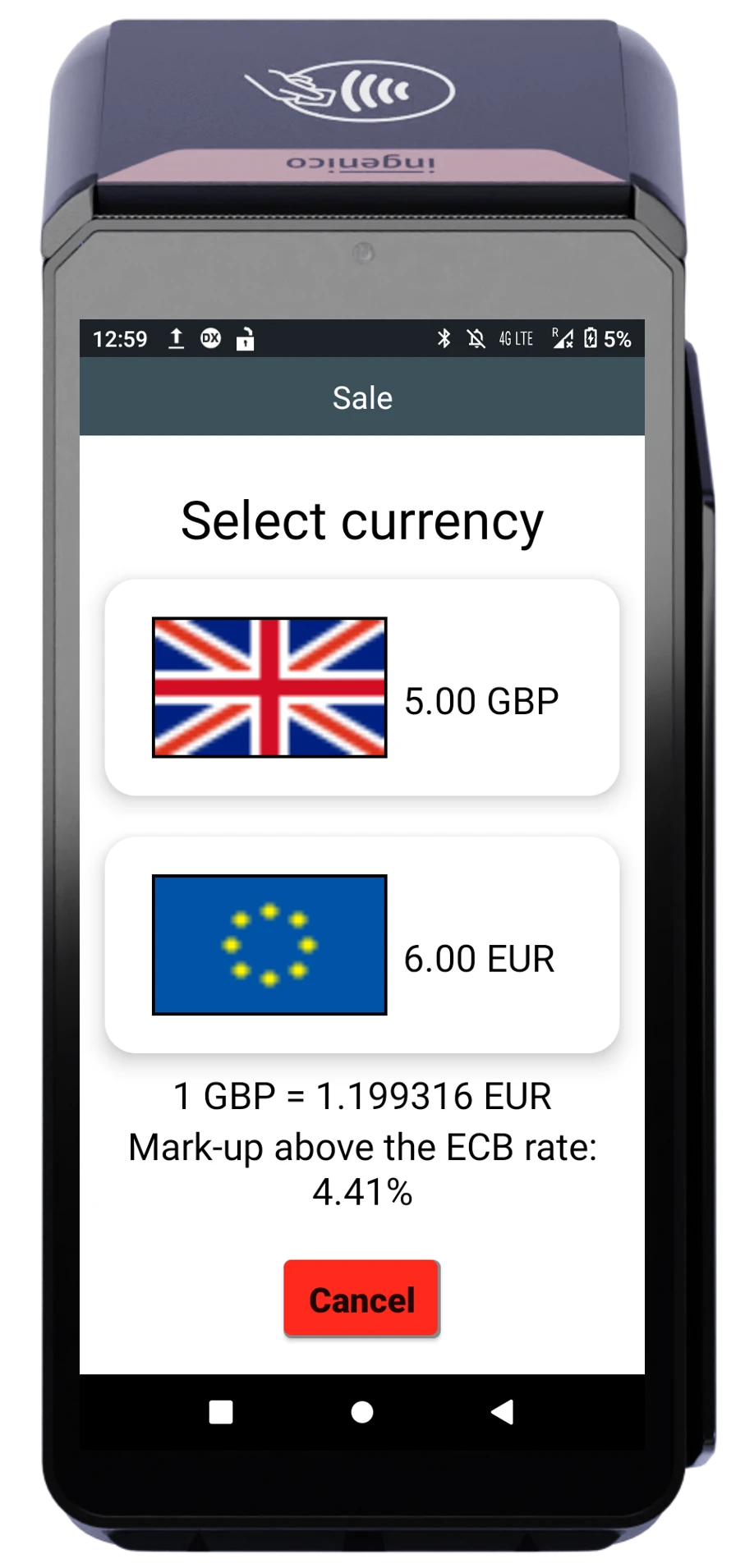 POS device interface displaying currency choice for £5.00 transaction with Euro conversion and ECB rate markup.