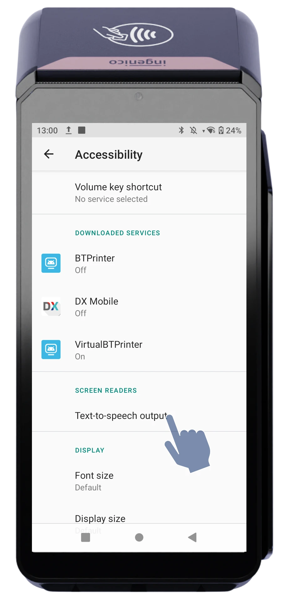 Mobile device accessibility menu with options for volume key shortcut, text-to-speech, and display size settings.